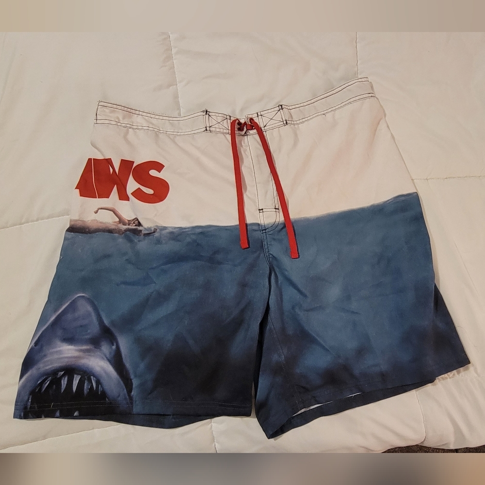 Jaws Themed Blue and White Board Shorts